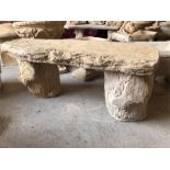 A garden stoneware timber style seat, large straight timber seat on log plinths