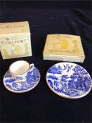 Coalport Miniature teacup, saucer and side plate in the Willow pattern