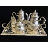 Persian white metal four piece tea set on tray
