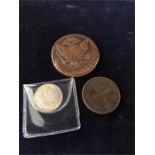 Three Russian coins to include 1758 5 Kopecks, 1810 2 Kopecks and 1901 Silver Coin