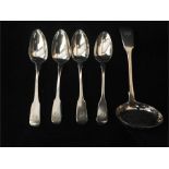 A hallmarked silver sugar sifter and four teaspoons (106g)