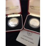 Two Kuwait proof silver coins in boxes, both two dinars 1951-1976, 15th Anniversary