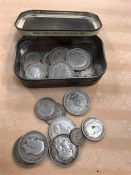 A Tobacco Tin containing quantity of coins, all pre 1947 silver, including ten florins