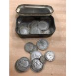 A Tobacco Tin containing quantity of coins, all pre 1947 silver, including ten florins