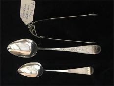 Two silver spoons and sugar nips, hallmarked