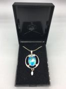 Charles Horner Art Nouveau Pendant enamelled silver with blister Pearl drop, hallmarked Chester