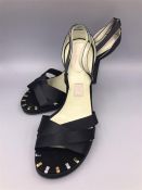 One Pair of Black Grosgrain sandals by Garrard in kid leather and silk, 24ct yellow gold and white