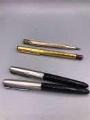 A Selection of Parker Pens, to include a box set of three, two black Plarkers, pen and pencil in