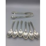 Hallmarked silver sugar tongs and six coffee spoons