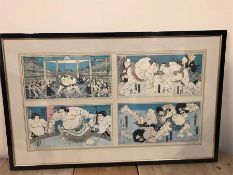 A Japanese print of four Sumo Wrestler scenes