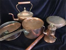 A Large collection of copperware to include coffee pot, two saucepans, bed warmer and kettle