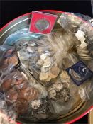 Tin containing several kilos of coins, including British pre-decimal pennies, other coins, two