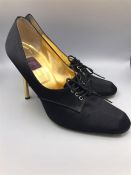 A Pair of Asprey Art Deco Black Silk and Gold High Heels in a size 39, made in silk and gold leaf.