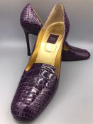 A Pair of Asprey Art Deco purple shiny Alligator skin and gold leaf high heels in a size 39