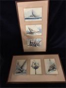 Two framed sets of three sailing prints