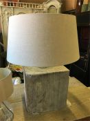 Two oversize square/cube grey oak lamp bases with natural linen shades