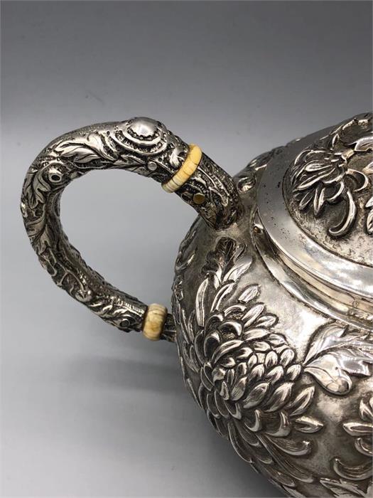 A Chinese silver tea set to include teapot, milk jug, sugar bowl and tray. - Image 5 of 10