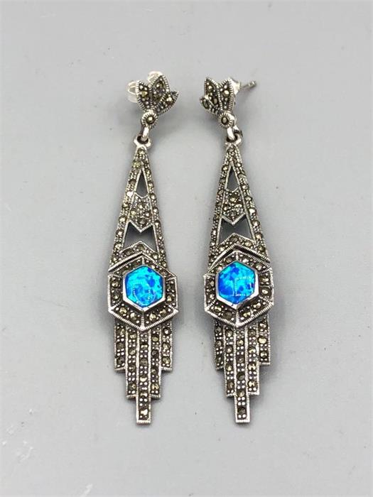 A pair of silver marcasite and blue opal Art Deco style drop earrings
