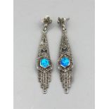 A pair of silver marcasite and blue opal Art Deco style drop earrings