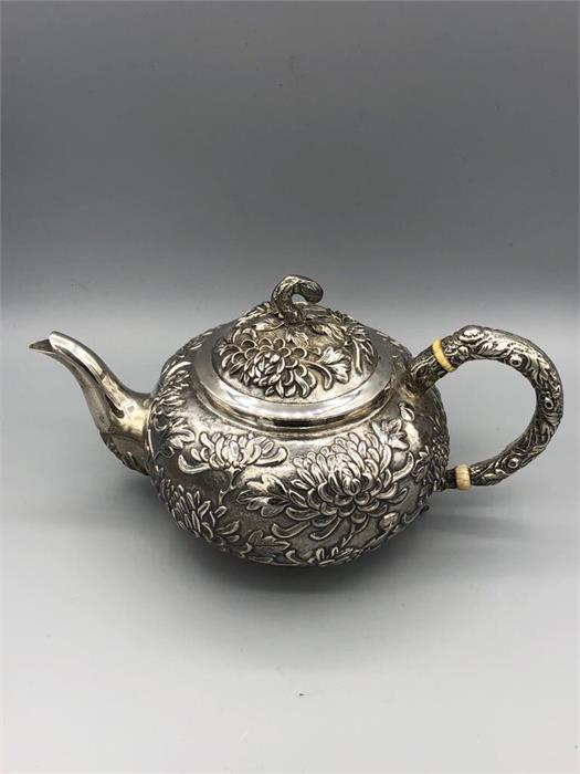 A Chinese silver tea set to include teapot, milk jug, sugar bowl and tray. - Image 2 of 10