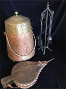 A Copper milk churn, fireside companion set (Harrods) and bellows.