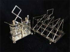 A cruet set, plated and a toast rack plated (warranted)