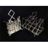 A cruet set, plated and a toast rack plated (warranted)