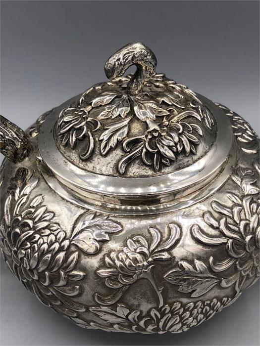 A Chinese silver tea set to include teapot, milk jug, sugar bowl and tray. - Image 7 of 10