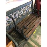 A Wrought iron and wooden garden bench with rose pattern back and small bench seat to match (AF)