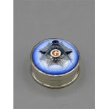 A silver pill box with enamel set Masonic symbol to the lid