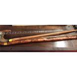 Four walking sticks to include Nail's glass, horn handle with silver band and two others