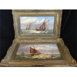 A paiir of sailing paintings in ornate frames, oil on board.
