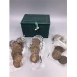 Green Box containing three bags of coins, Georgian copper, Victorian pennies and bag of 1912-1918, H