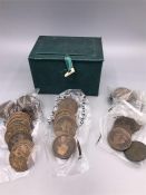 Green Box containing three bags of coins, Georgian copper, Victorian pennies and bag of 1912-1918, H