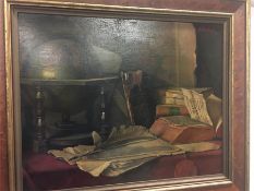 Oil on board by Gustav Frederick 1824-1889 depicting a desk with quill pen, globe and books