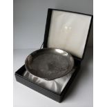 A boxed Arthur Price silver plated table centre or tazza on single foot with engraved design