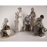 A retired Lladro figurine of a cobbler, 'Flapper', tall gent with globe and a seated lady with pots,