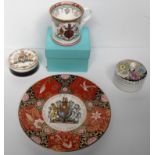 A Crown Derby Golden Jubilee 1952-2002 plate, a Wedgwood Silver Jubilee pot 1952-1977, one other and