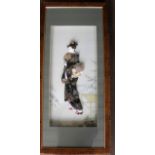 A mixed-media depiction of a Geisha, mounted, framed and signed bottom right, 62 x 29 cm