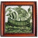 A William De Morgan square Galleon tile painted in green on a white ground, two dolphins to