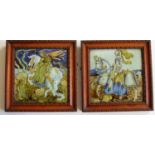 Two Carter & Co., Poole, Dorset framed square tiles, one depicting a mounted knight, the other a
