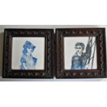 Two Minton Hollins tiles with blue-on-white depictions of a young girl and boy; a pair of glazed