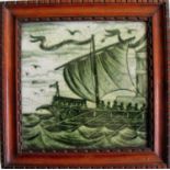 A William De Morgan framed square Galleon tile, painted in full sail with rowers in middle ground,