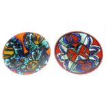 A Poole Pottery Delphis range, two dish shape 4, 10.5" diameter both decorated by Angela Wyburgh c.