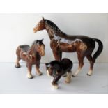 A Sylvac model of a stallion (repair to front leg) and two Beswick horses without damage or