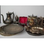 A selection of silver plated items to include a Locke & Co, Shrub Hill, Worcester blush porcelain