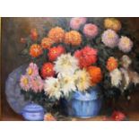 P. Richardson, A MEDLEY OF CHRYSANTHEMUMS IN A VASE, oil on board, framed, signed, 44 x 55cm