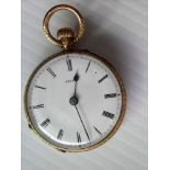 A Victorian 18ct yellow gold key-wind lady's pocket watch with embossed cover, Roman numerals,