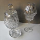 A cut crystal glass biscuit barrel with led, a crystal tea light holder and shade and an ashtray