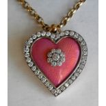 A contemporary bespoke yellow gold heart pendant, with pink enamel and diamond cluster section